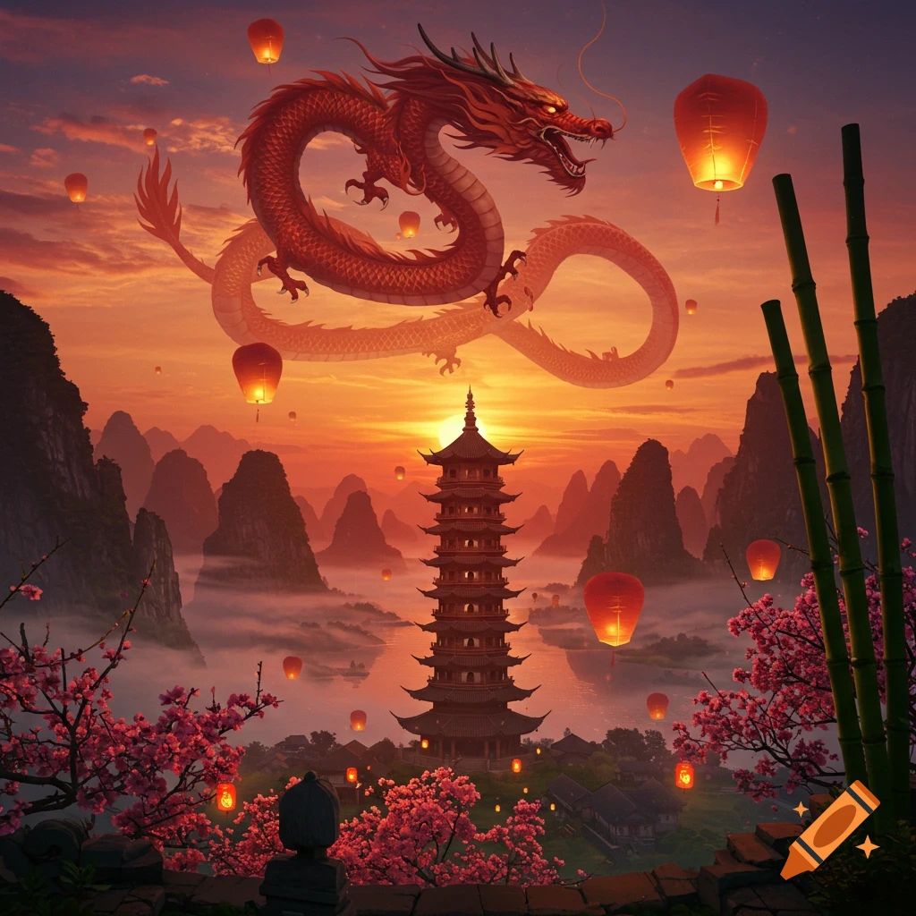 A majestic red dragon flies over a traditional Chinese pagoda surrounded by mountains, cherry blossoms, and floating lanterns at sunset.