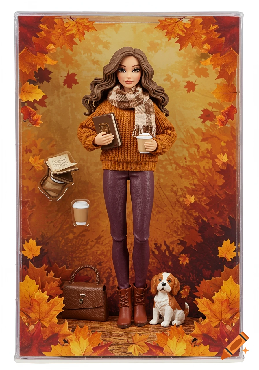 A Barbie-like doll in a fall outfit, holding a book and latte, with a puppy and handbag, inside a clear plastic package against an autumn leaf background.
