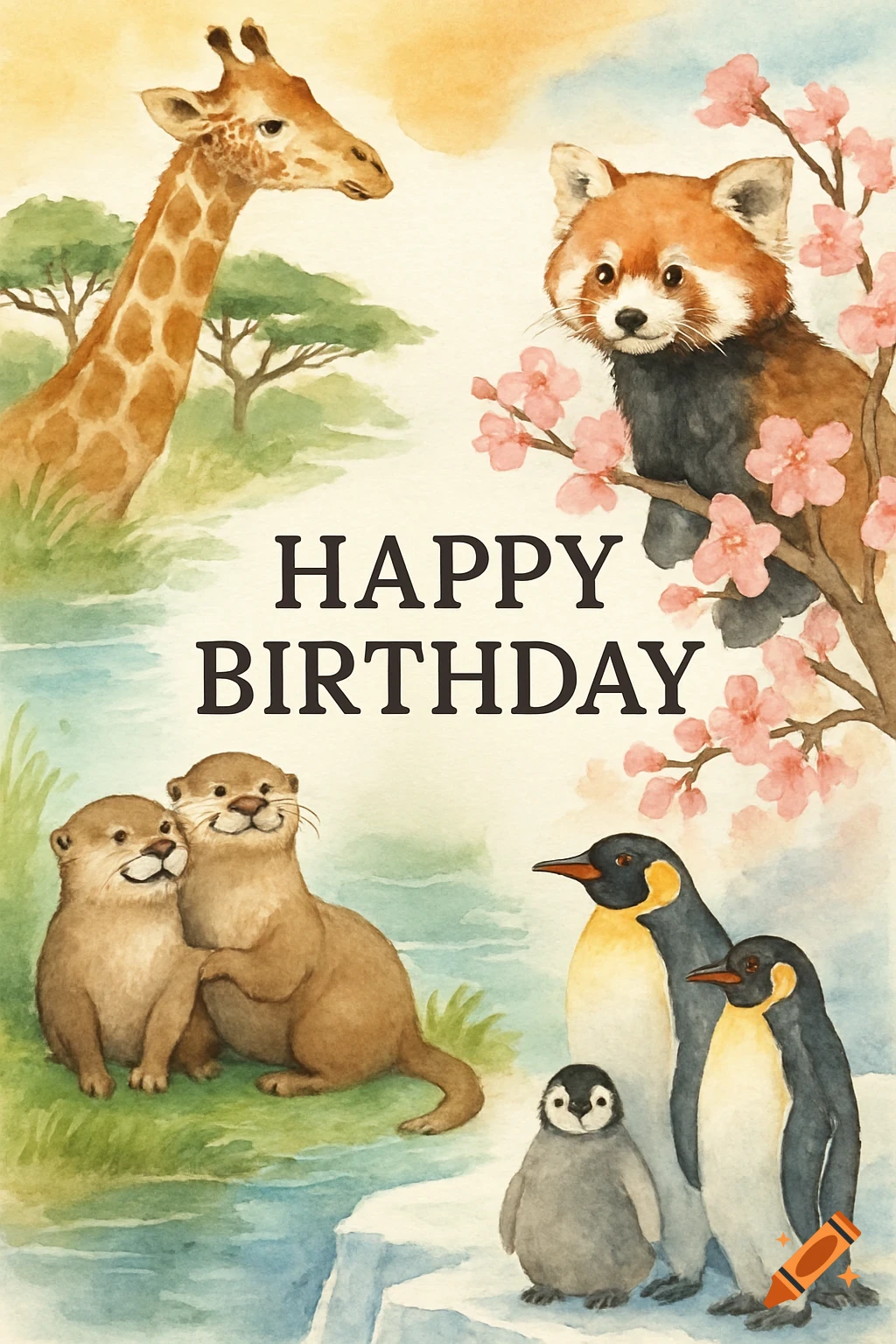 Watercolor birthday card with "HAPPY BIRTHDAY" text, featuring a giraffe, red panda, two otters, and three penguins.