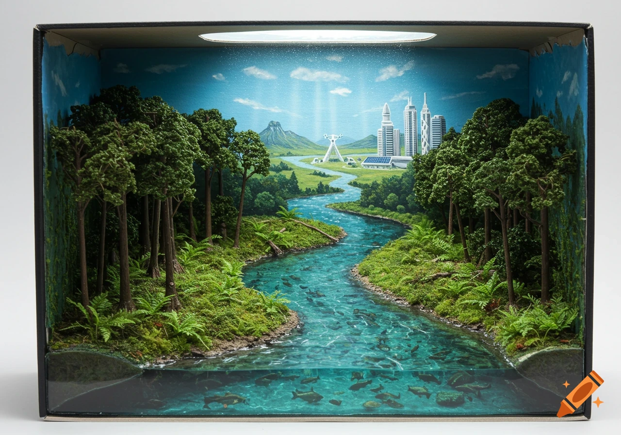 A detailed diorama in a box features a clear river through lush green forests leading to a futuristic city with skyscrapers.