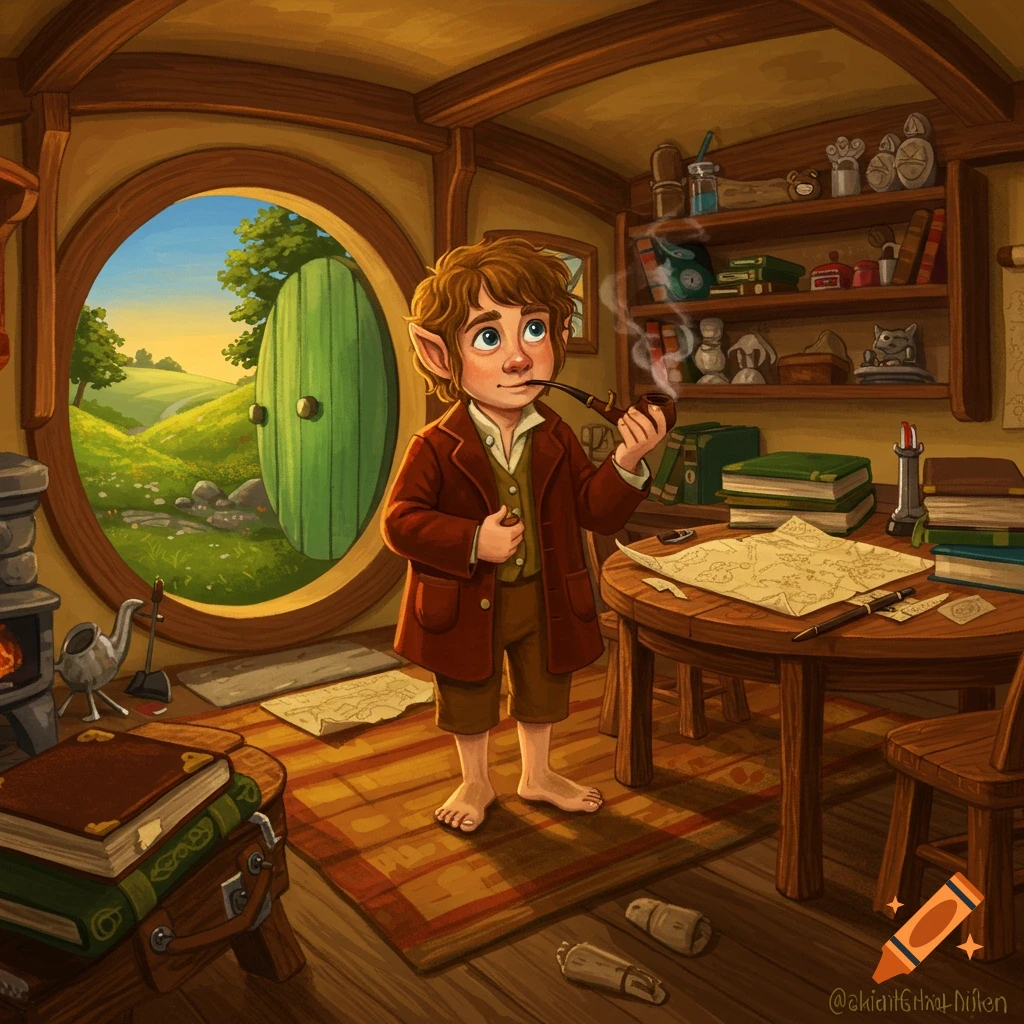 Stylized illustration of Bilbo Baggins smoking a pipe in his cozy hobbit hole, looking out the round green door to sunny hills.