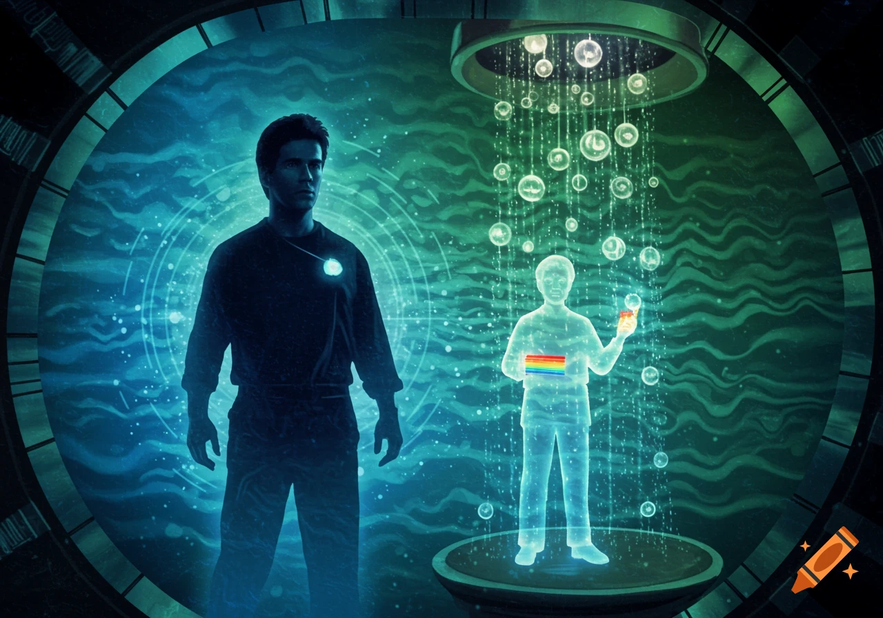 Two men in a glowing, blue-green sci-fi setting; one solid, one holographic holding a rainbow item, surrounded by bubbles.