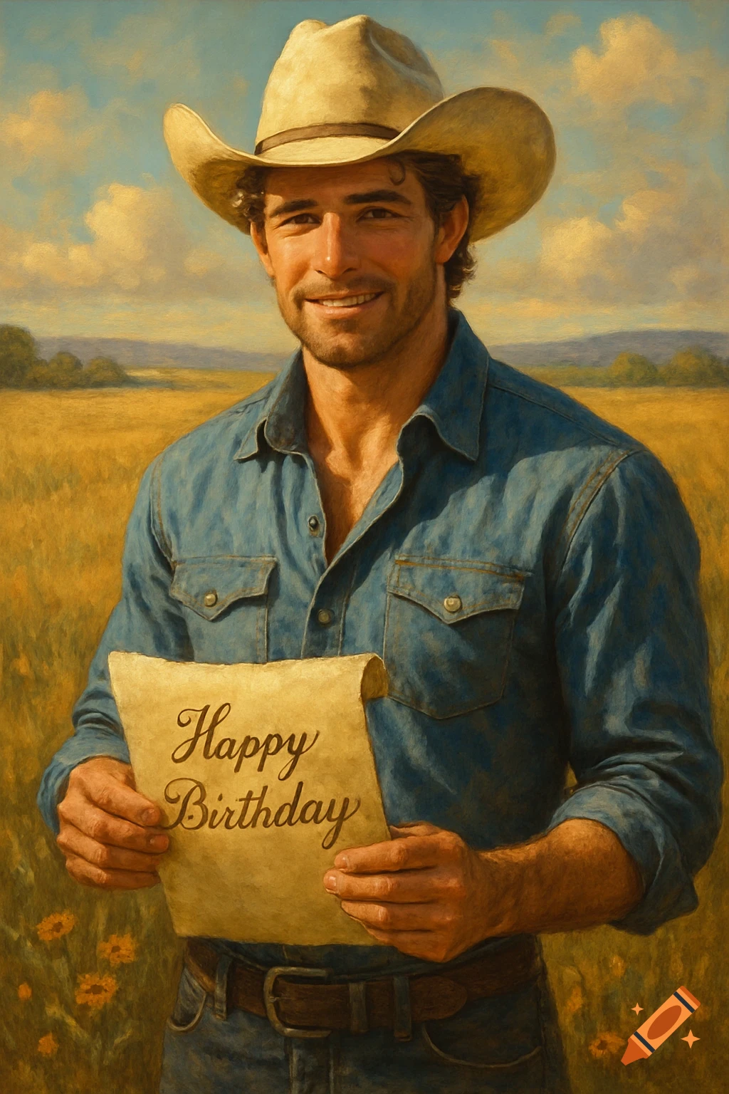 Smiling cowboy in a field holding a scroll with 'Happy Birthday' on it, painted in a realistic style.