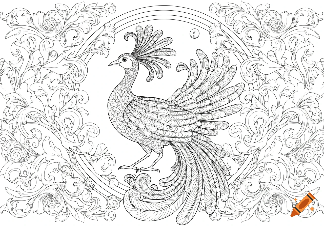 An intricate black and white line drawing of a stylized peacock-like bird within an ornate floral frame, designed as a coloring page.