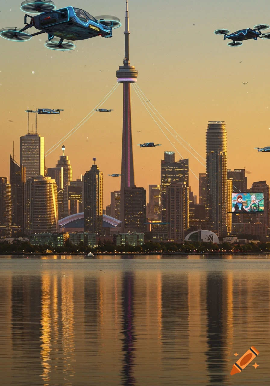 Futuristic Toronto cityscape at sunset with flying vehicles hovering over the skyline and lake, reflections visible on the water.