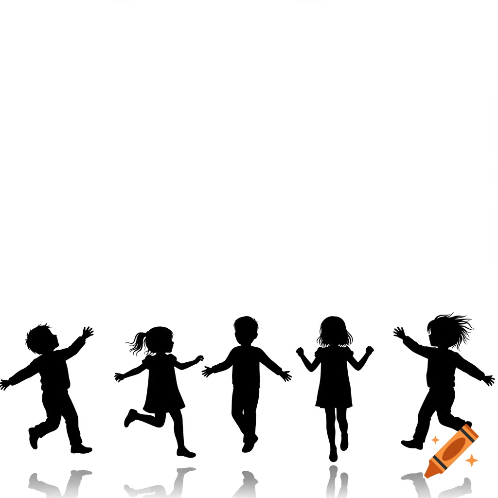 Five black silhouettes of children jumping and playing with reflections on a white background in a cartoon style.