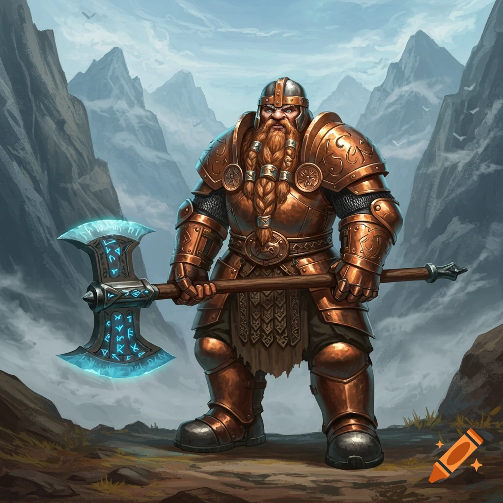 A heavily armored dwarven warrior with a braided beard stands in a mountain valley, holding a large axe with glowing blue runes.