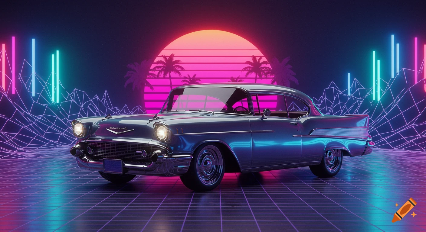A sleek 1957 Chevrolet Bel Air with chrome details glows neon blue and pink, parked on a grid in a vaporwave landscape with palm trees and a large pink sunset.