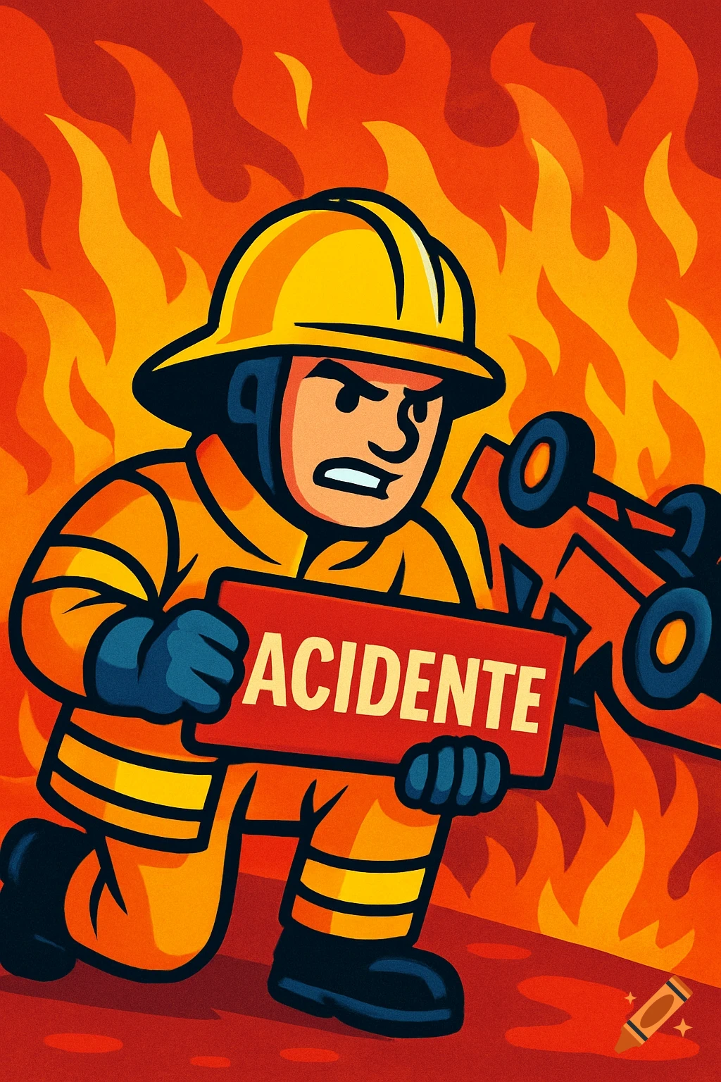 A cartoon firefighter holding an "ACIDENTE" sign in front of an overturned car with a fiery background.