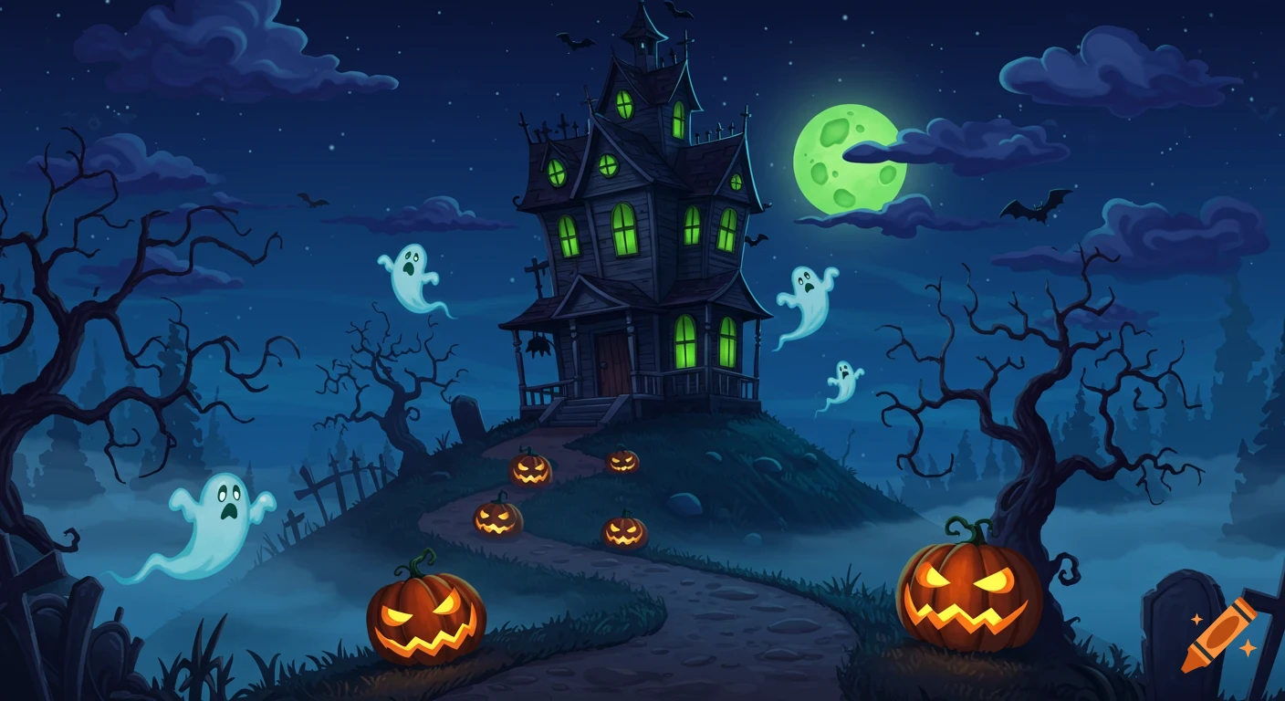 Cartoon Halloween night scene with a haunted house on a hill, glowing pumpkins along a path, flying ghosts, and a bright green full moon.