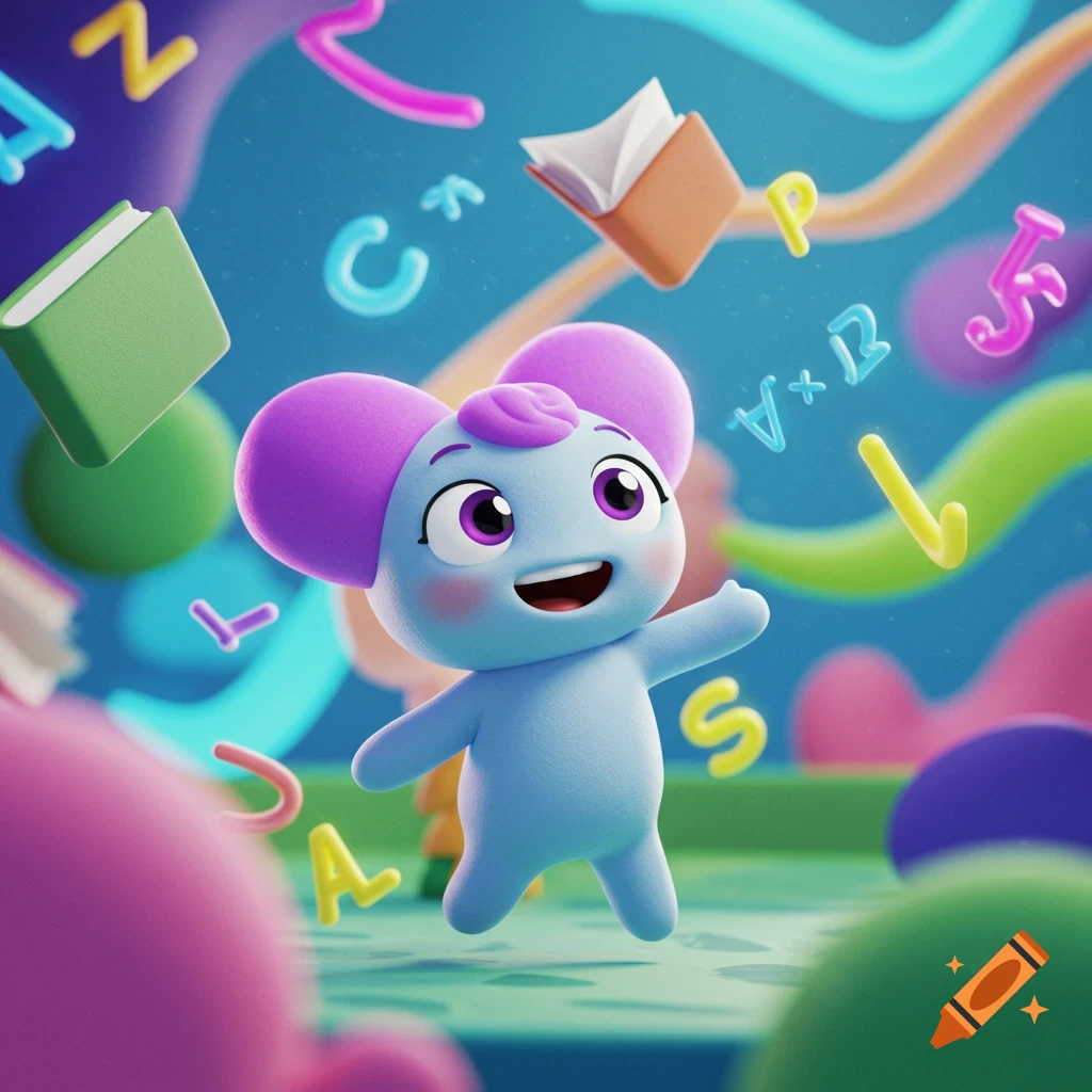 A cute blue cartoon character with purple ears and eyes smiles amidst floating colorful letters, books, and math symbols.