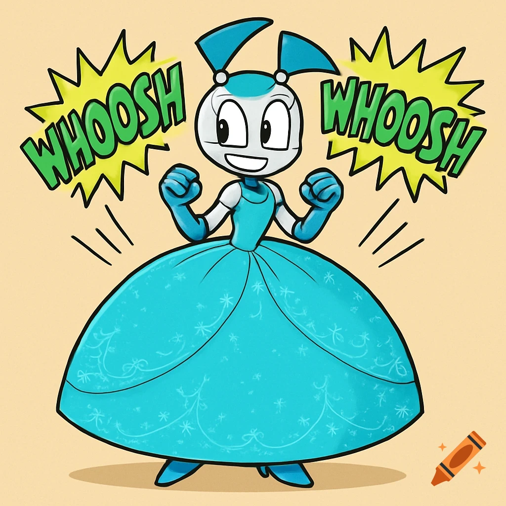 A cartoon robot girl in a puffy blue princess dress with clenched fists, surrounded by 'WHOOSH' sound effects.