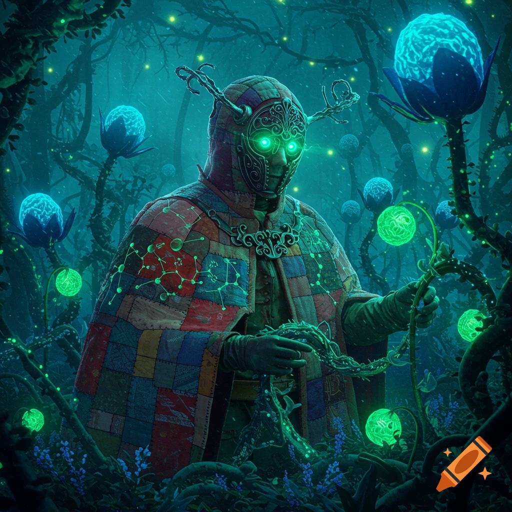 A hooded figure with glowing green eyes and a metal mask stands in a dark, bioluminescent forest, wearing a patchwork cloak and holding glowing vines.