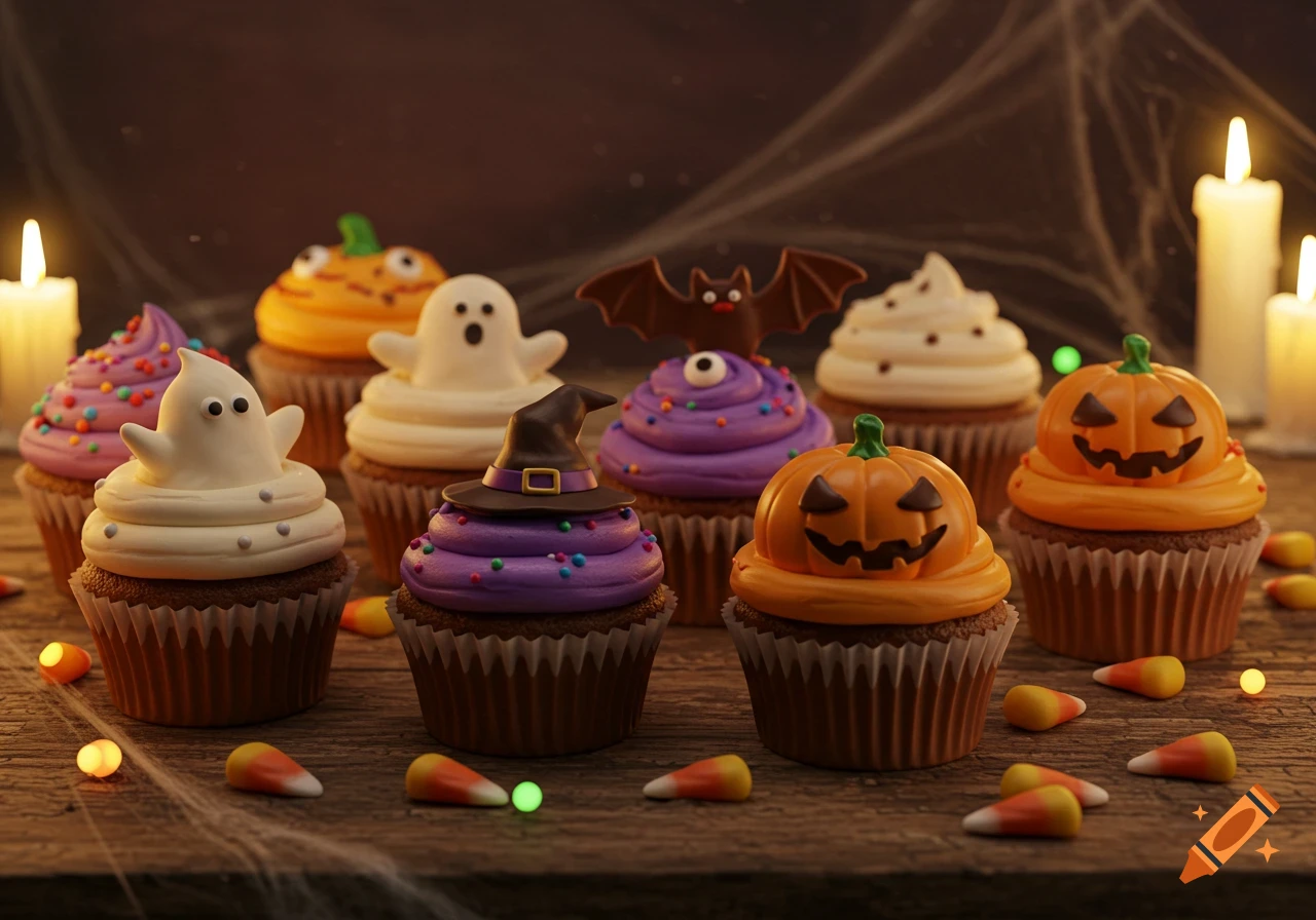 Photorealistic Halloween cupcakes with ghost, pumpkin, witch hat, bat, and eye decorations, on a wooden table with candy corn and candles.