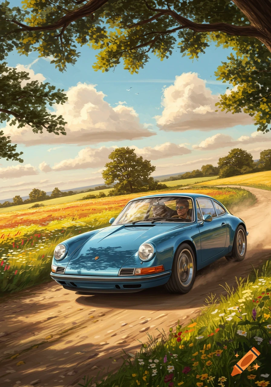 A blue classic Porsche drives on a dirt road through vibrant fields under a blue sky with clouds, in a painterly illustration style.