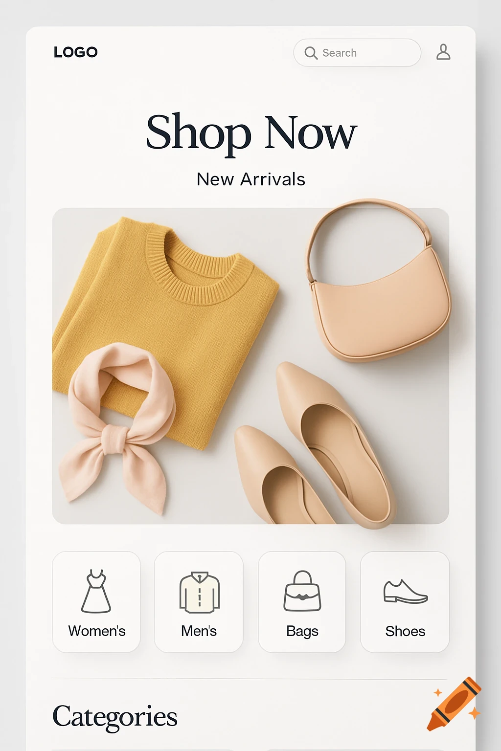 An online shopping website UI displaying a yellow sweater, pink scarf, beige handbag, and shoes, with categories for women's, men's, bags, and shoes.