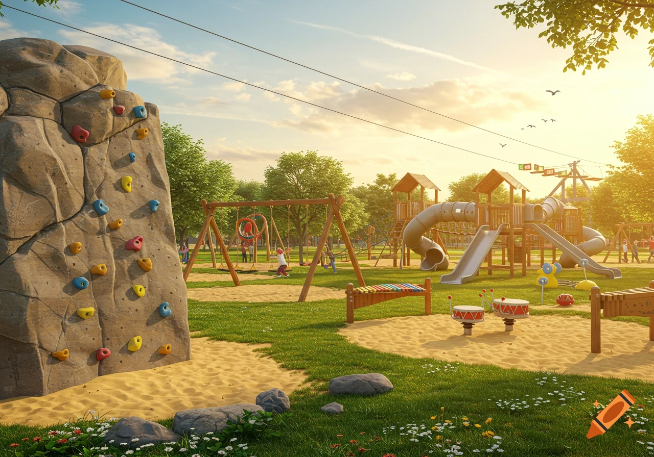 A vibrant playground at sunset with a rock climbing wall, slides, swings, musical instruments, and a zipline, surrounded by green grass and trees.