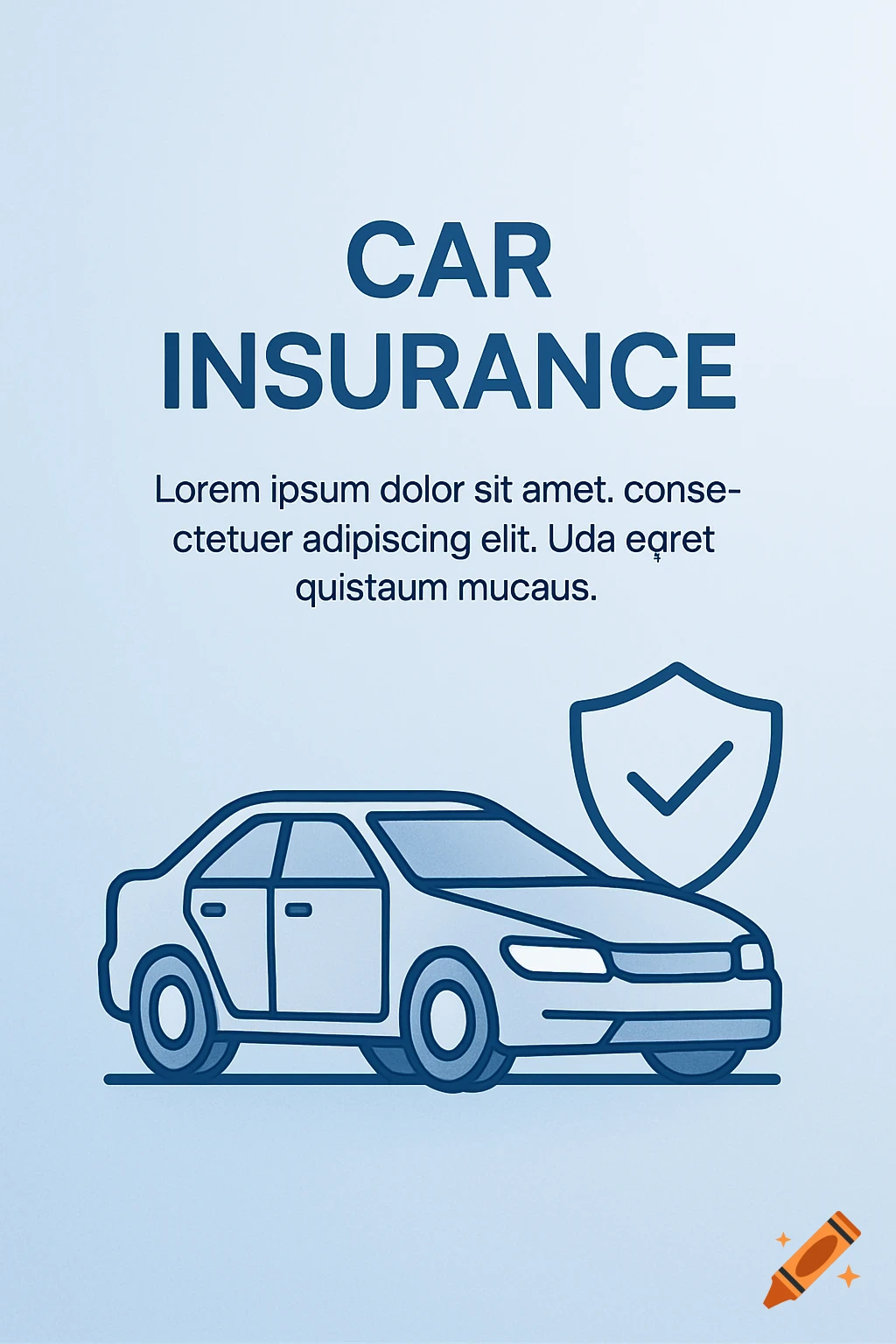 Digital illustration for car insurance with a minimalist blue and white design featuring a car icon and a shield with a checkmark.