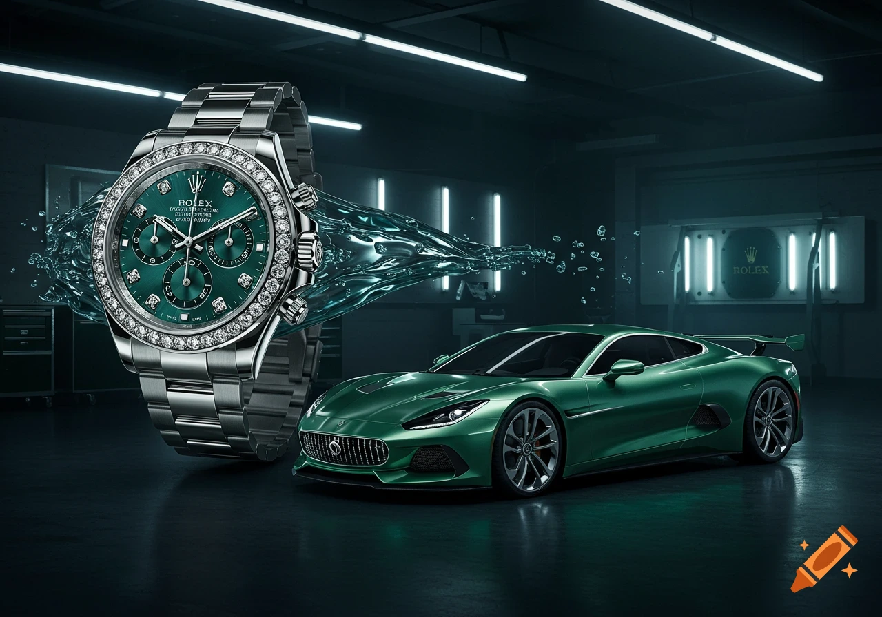 A green Rolex watch with diamond bezel and silver band next to a sleek green sports car in a dark garage with a water splash effect.