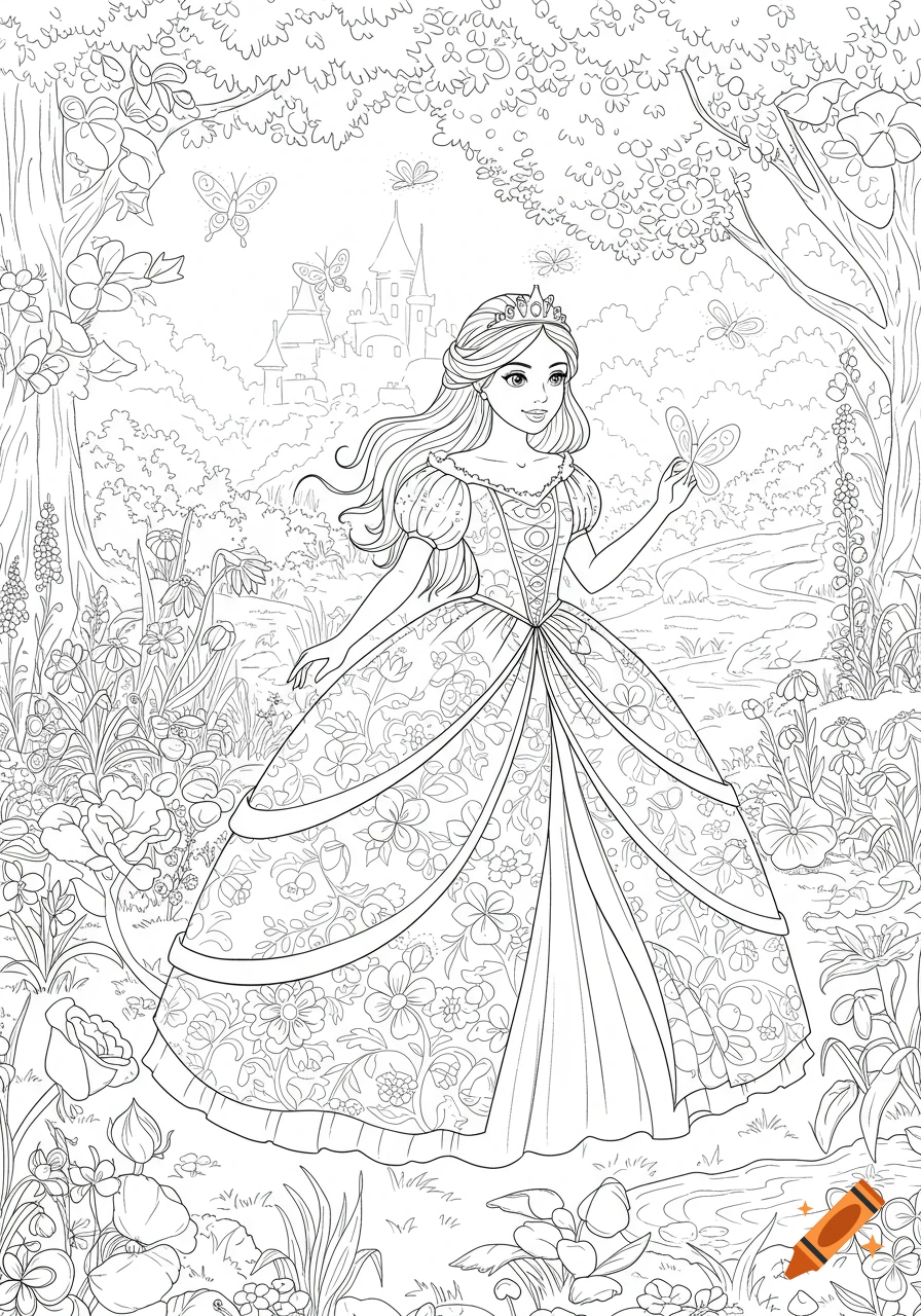 A princess in a detailed ball gown stands in a magical forest with a castle and butterflies, in a black and white coloring book style.
