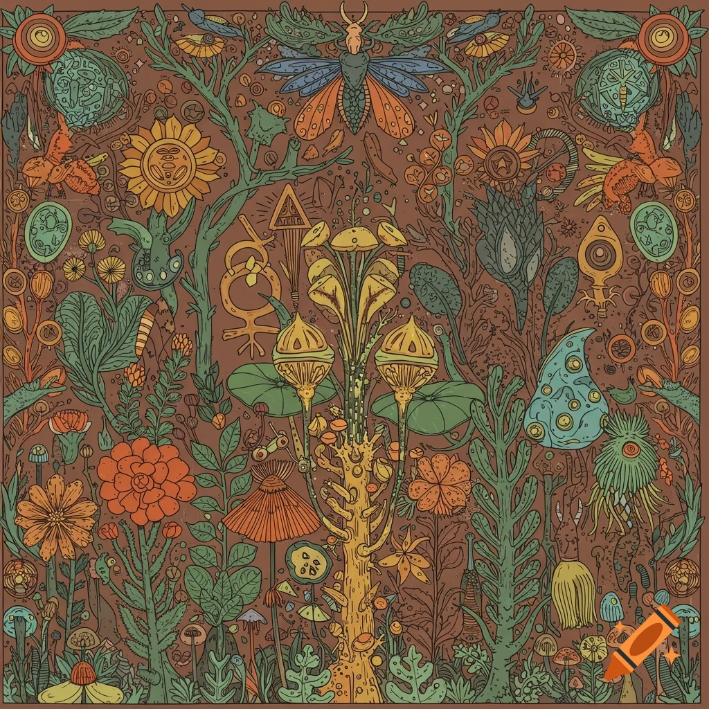 Intricate Outsider Art lithograph of fantastical plants, insects, and mystical symbols on a brown background.