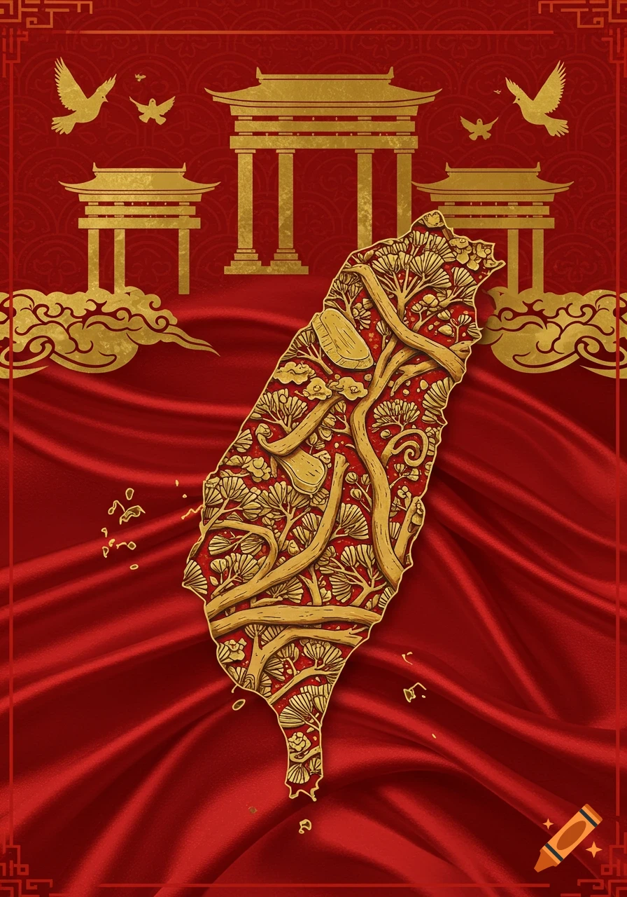 A stylized map of Taiwan in red and gold, featuring traditional Chinese architecture, doves, and intricate herbal patterns on a silk background.