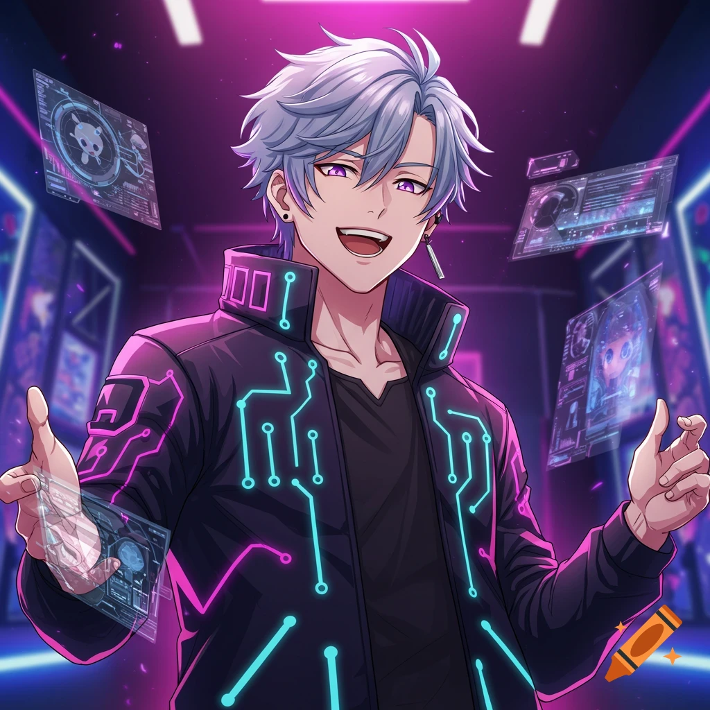 An anime male character with silver hair and purple eyes, wearing a black jacket with glowing pink and blue circuit patterns, surrounded by holographic screens in a cyberpunk setting.