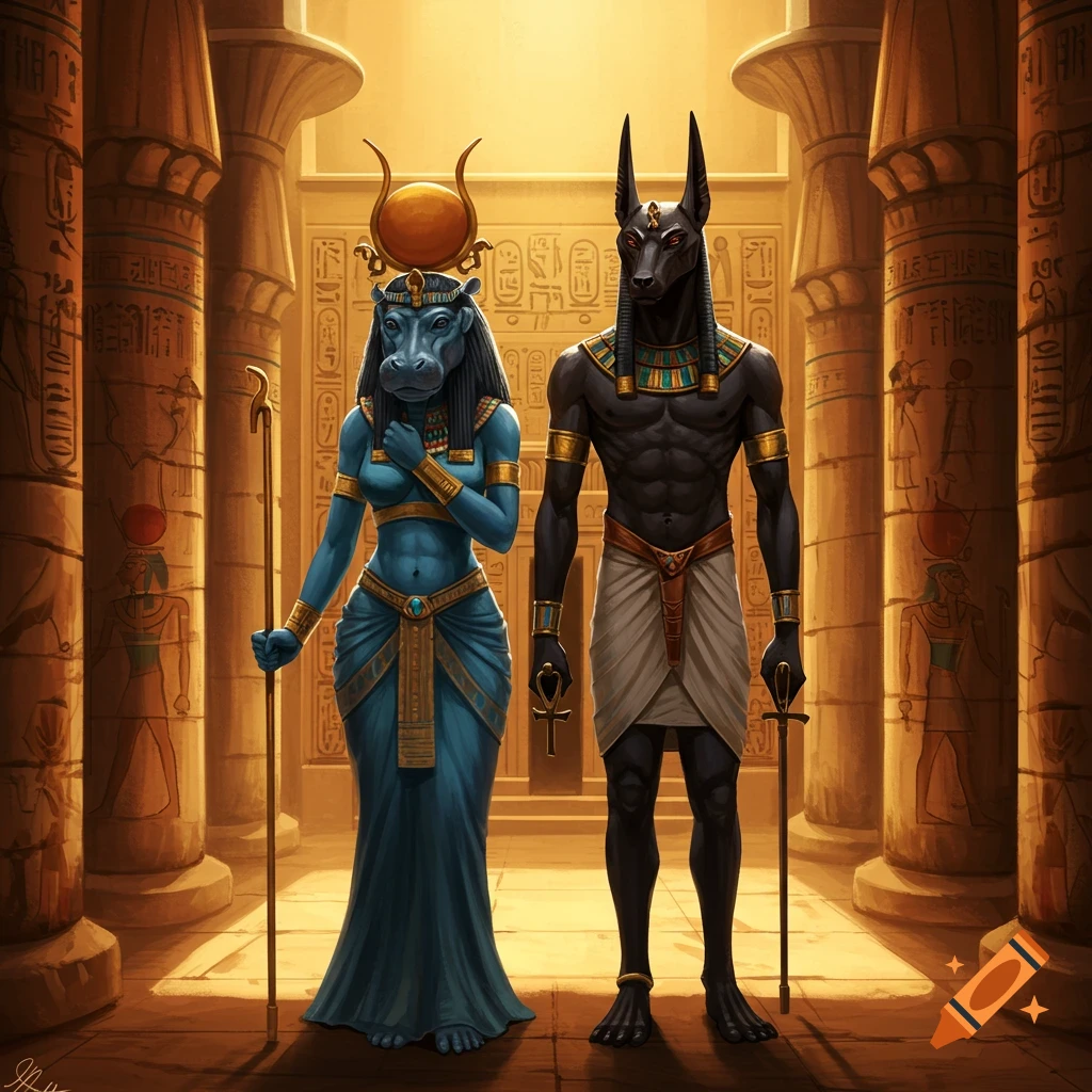 Anubis and Taweret, Egyptian gods, stand side-by-side in a hieroglyphic-filled temple, in a digital art style.