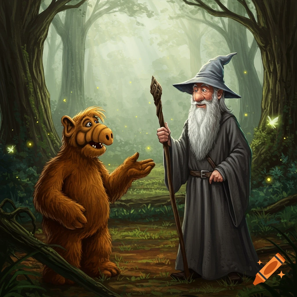 Alf and Gandalf converse in a magical forest, light beams through trees, fireflies glow.