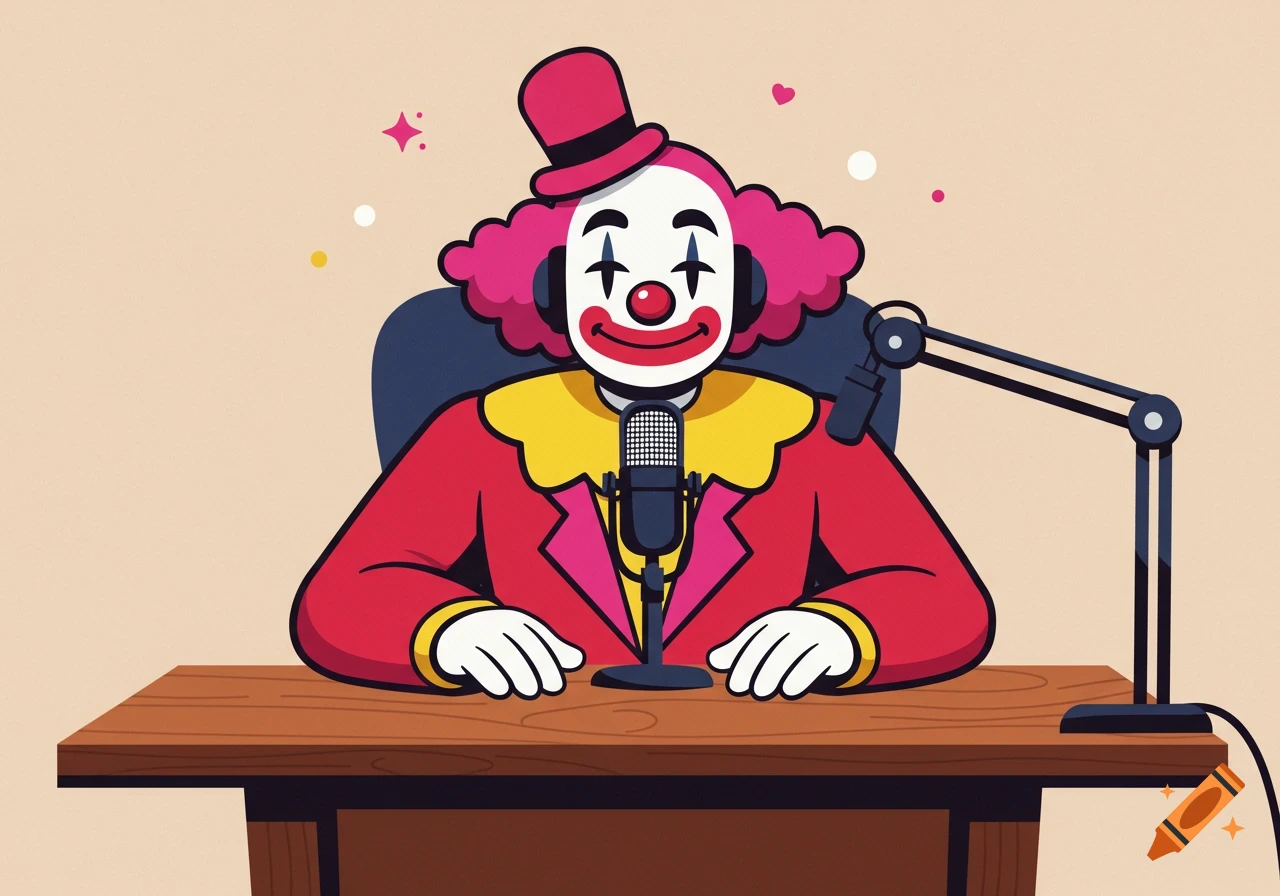 A colorful cartoon clown with pink hair and a red top hat wears headphones, speaking into a podcast microphone at a desk in a clean vector art style.