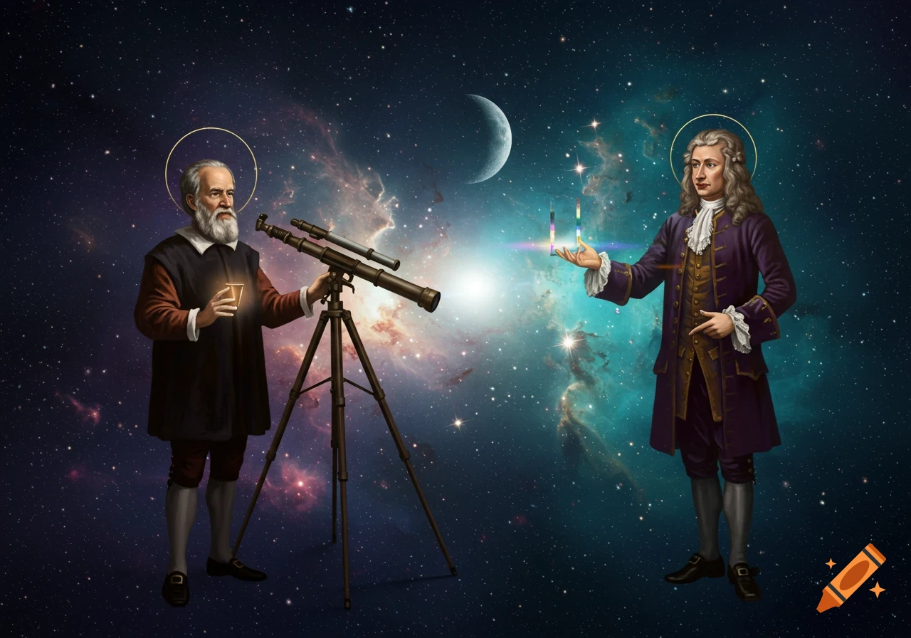 Galileo with a telescope and Newton holding glowing prisms stand in a vibrant space scene with stars and a crescent moon.