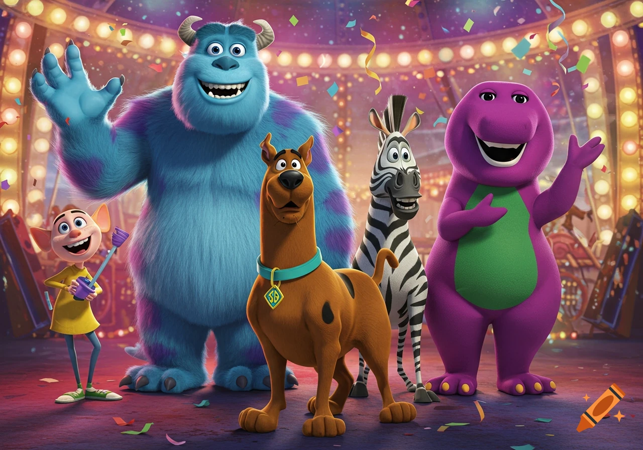 Scooby Doo, Sulley, Marty the zebra, and Barney the dinosaur pose at a vibrant funhouse with confetti.