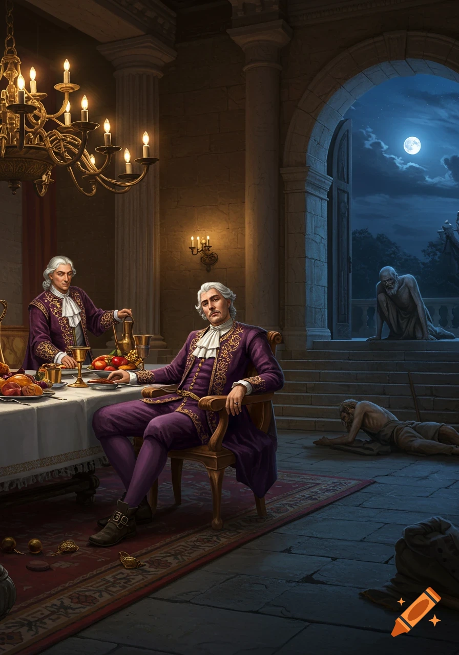 A rich man in purple dines at a lavish table in a grand hall, while two emaciated beggars appear outside under a full moon.