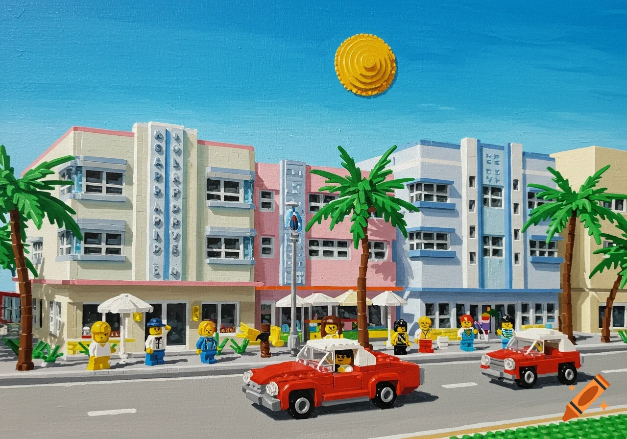 A painted Lego scene of Ocean Drive, Miami, featuring Art Deco buildings, palm trees, Lego minifigures, and red Lego cars.