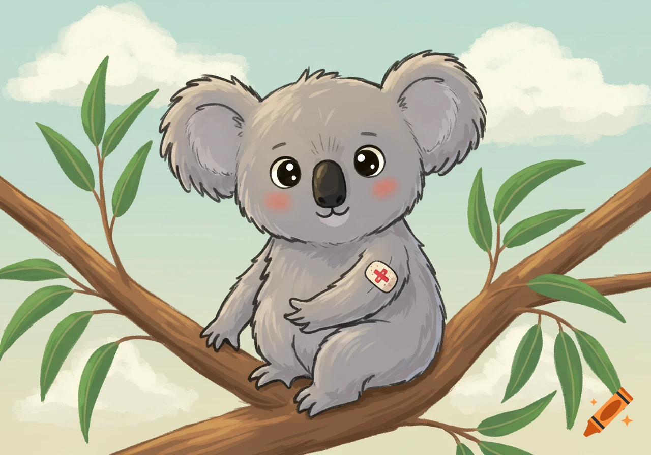 A cute cartoon koala with a bandage on its arm sits on a eucalyptus tree branch under a cloudy sky.