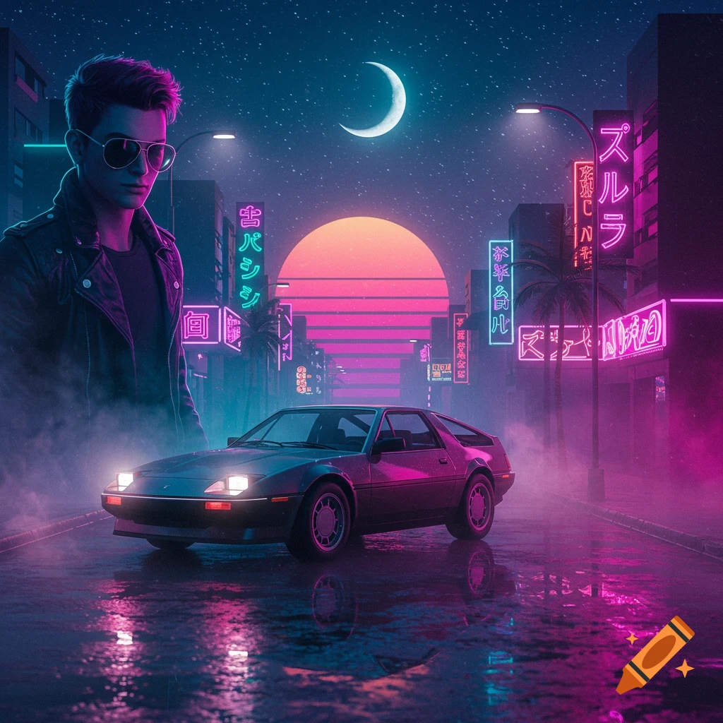 A man in sunglasses and a leather jacket stands beside a retro car on a wet city street at night, bathed in neon lights, with a large sunset and crescent moon in a synthwave style.