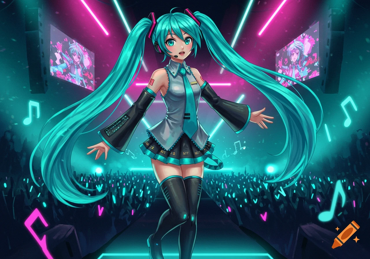 Anime character Hatsune Miku on stage with vibrant neon lights and a cheering crowd.