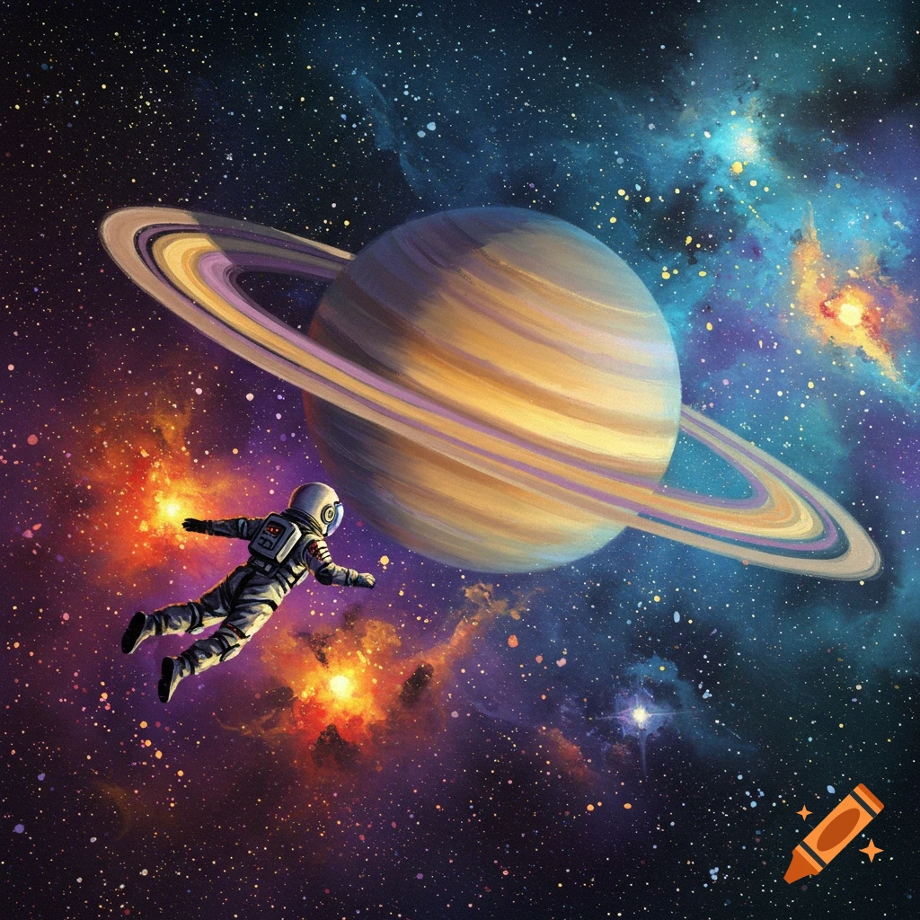 An expressionist painting of an astronaut floating near Saturn amidst colorful nebulae and stars in deep space.