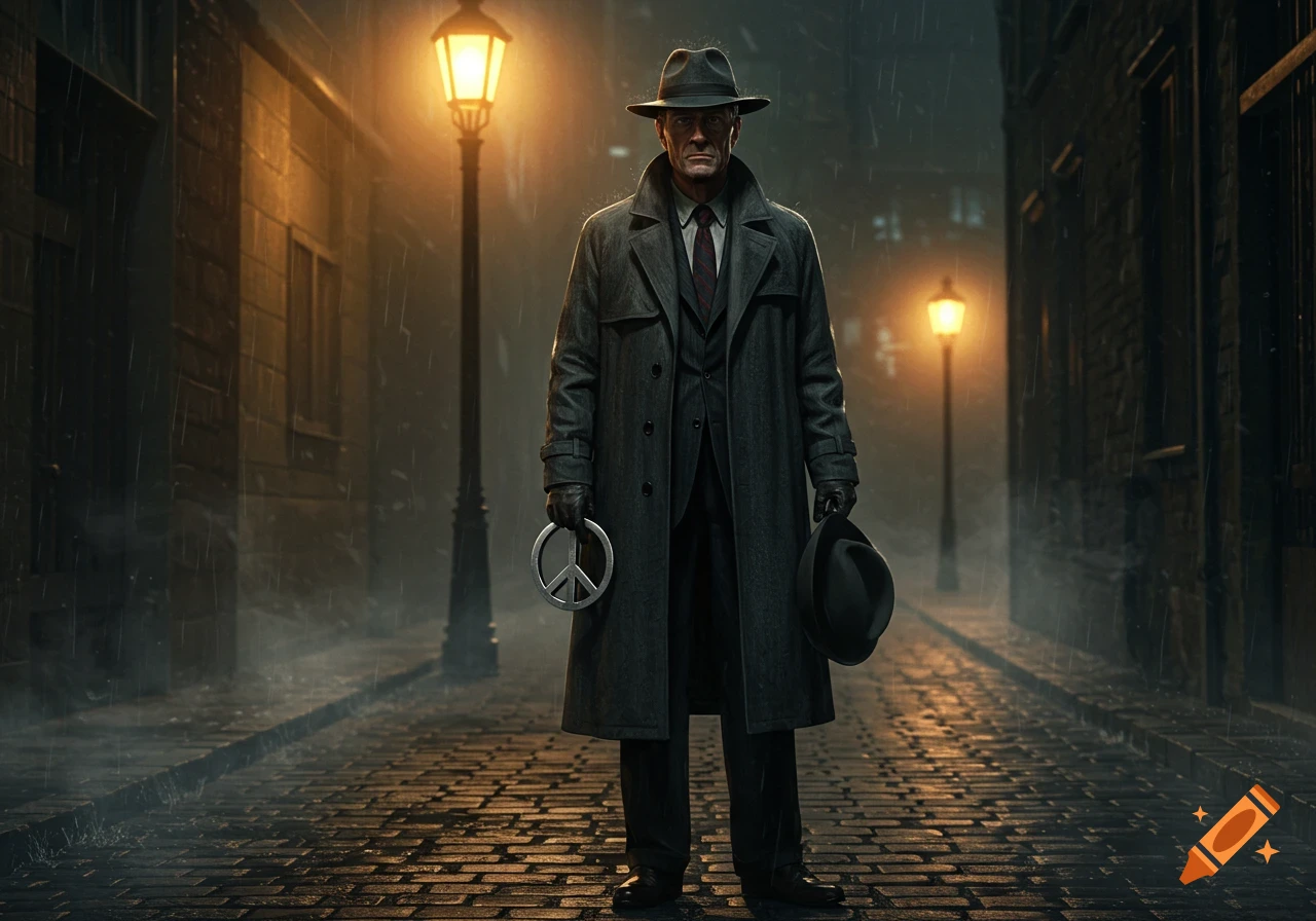 A man in a trench coat and fedora stands on a rainy cobblestone street at night, holding a peace symbol and another hat.