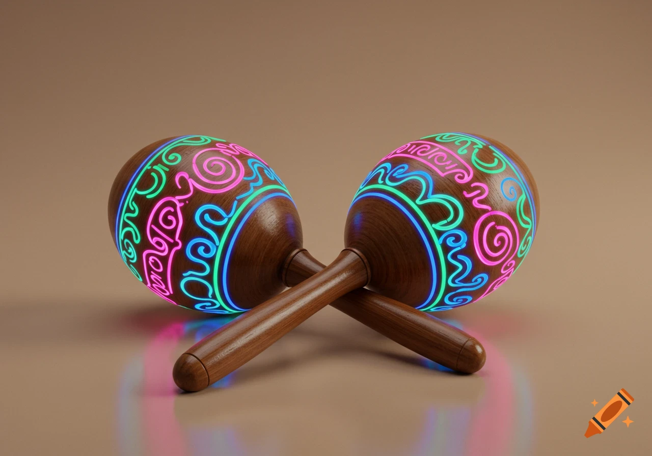 Two wooden maracas with glowing neon pink, blue, and green patterns are crossed on a plain brown background.