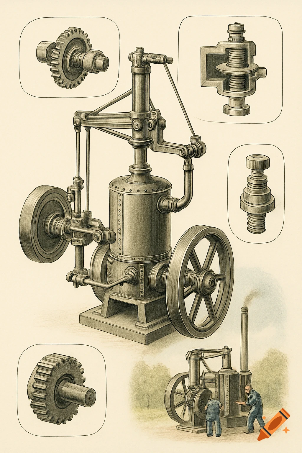 A vintage scientific illustration of an engine with detailed insets and a small scene of men performing maintenance.