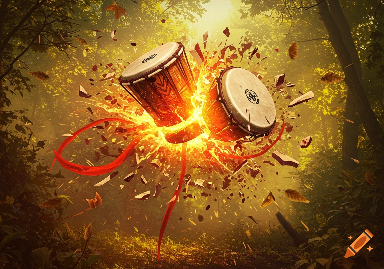 Two bongo drums explode in a sunlit forest, surrounded by fire, debris, and red ribbons, dynamic art.