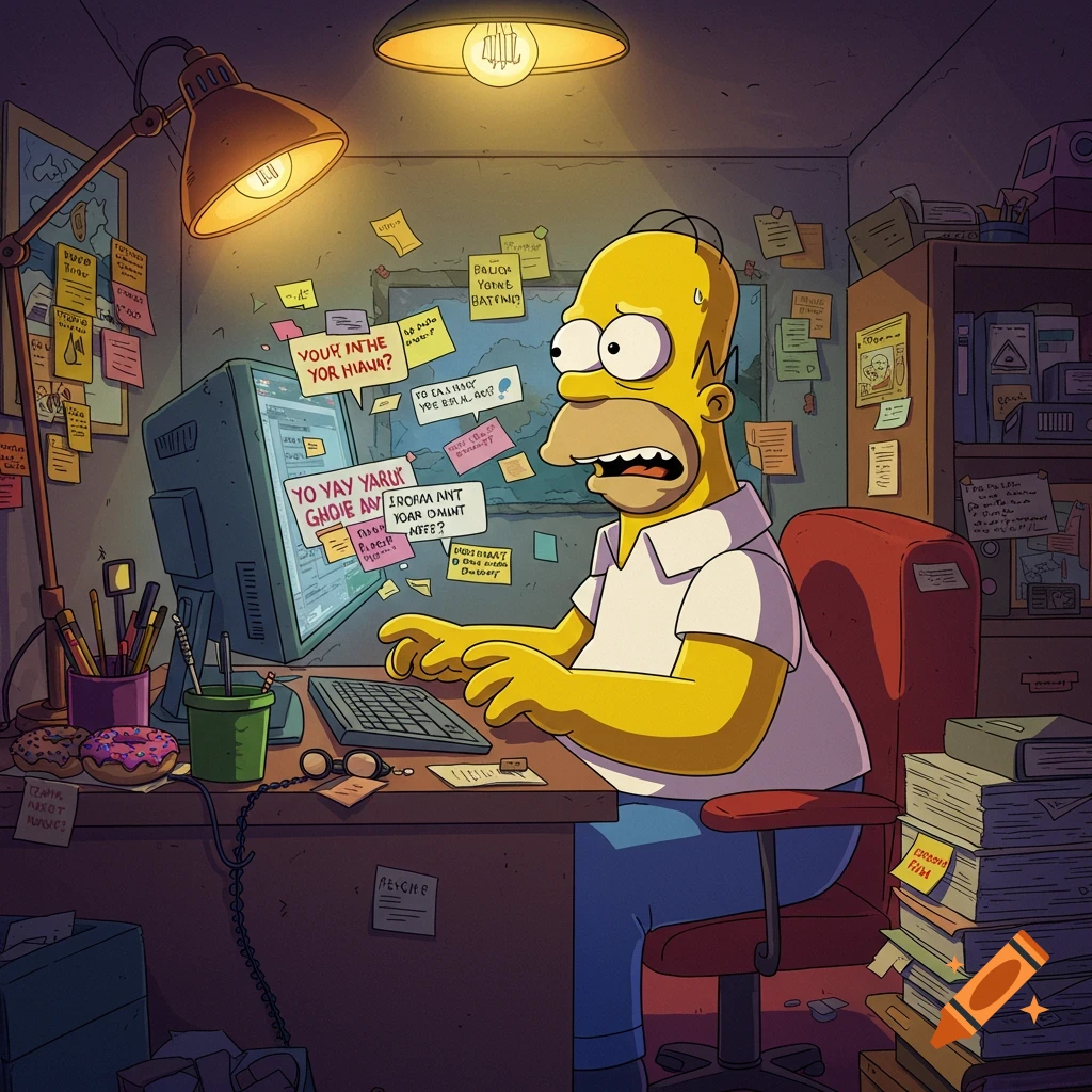 Homer Simpson sits at a messy desk, looking stressed while typing on a computer, surrounded by sticky notes under a desk lamp in a cartoon style.