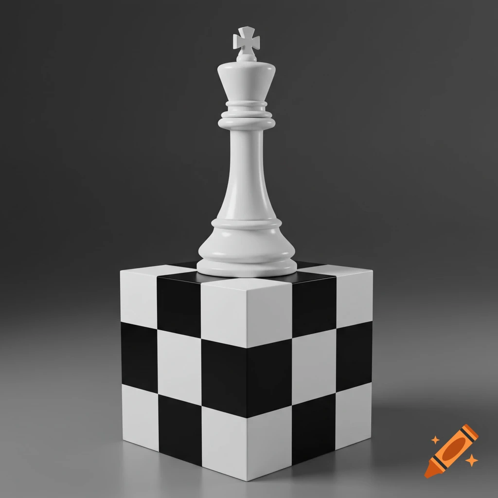 A white chess king stands atop a black and white checkered cube in a 3D render.