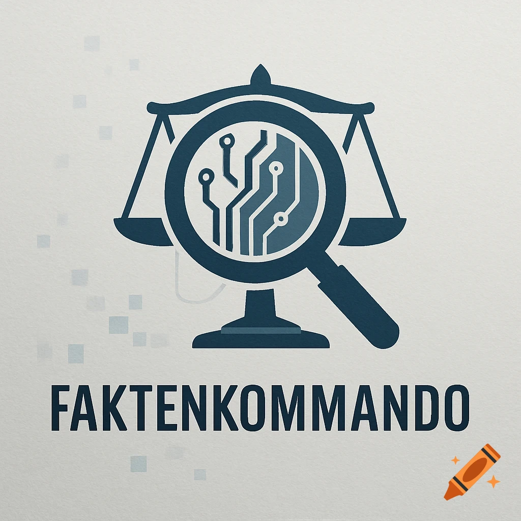 A stylized logo featuring the scales of justice with a magnifying glass over a circuit board, and the text FAKTENKOMMANDO below.
