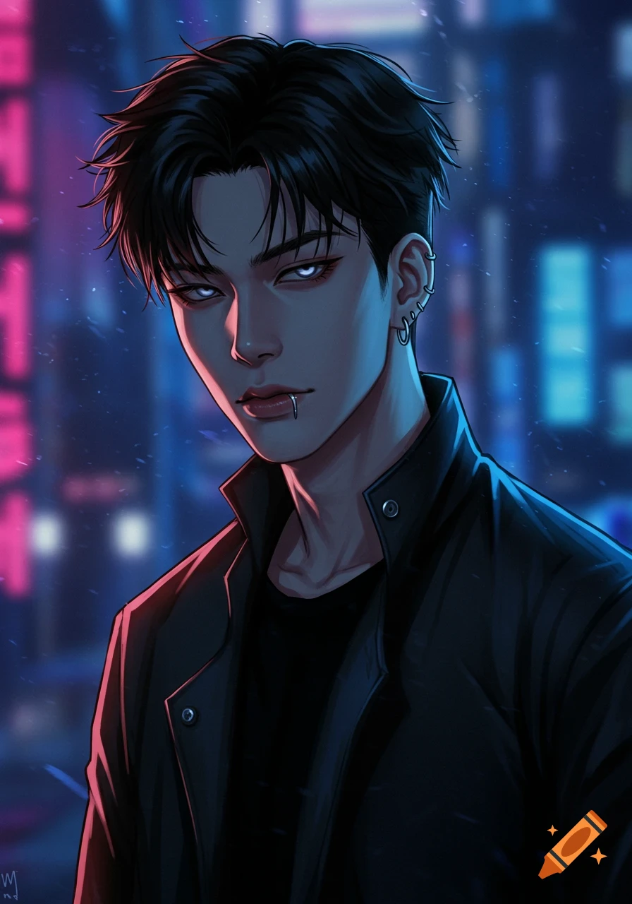 A stern webtoon-style man with black hair, glowing white eyes, ear piercings, and a lip ring, set against a blurred neon-lit city background.
