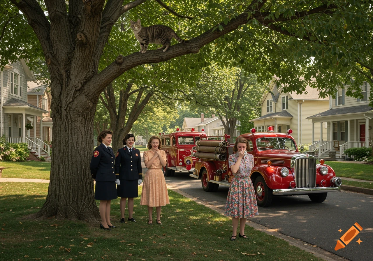 Photorealistic image of a cat stuck in a tree on a 1950s suburban street, with firewomen and vintage fire trucks below.