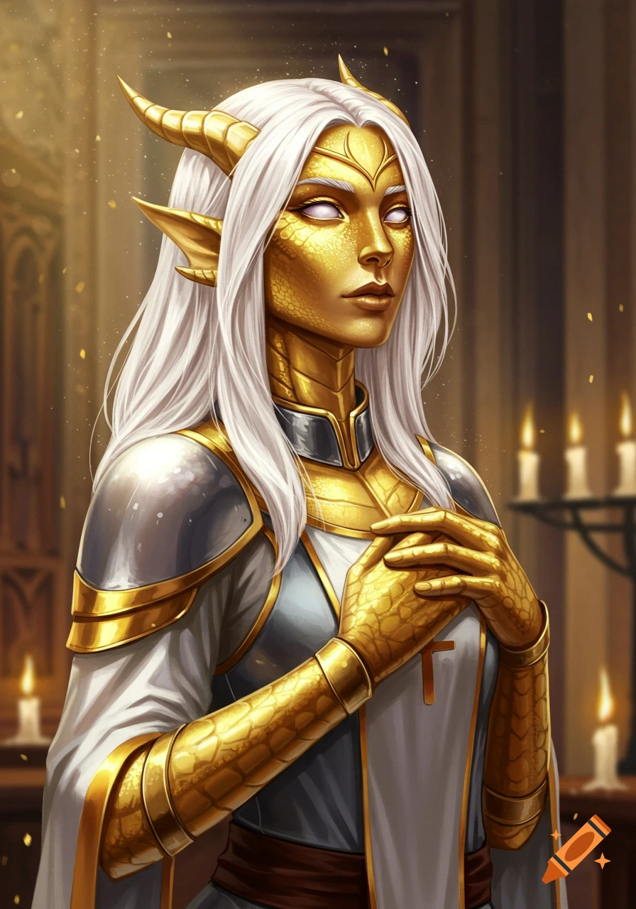 A portrait of a golden-scaled Dragonborn cleric with white hair and eyes, wearing white and gold armor, hands clasped in a cathedral.