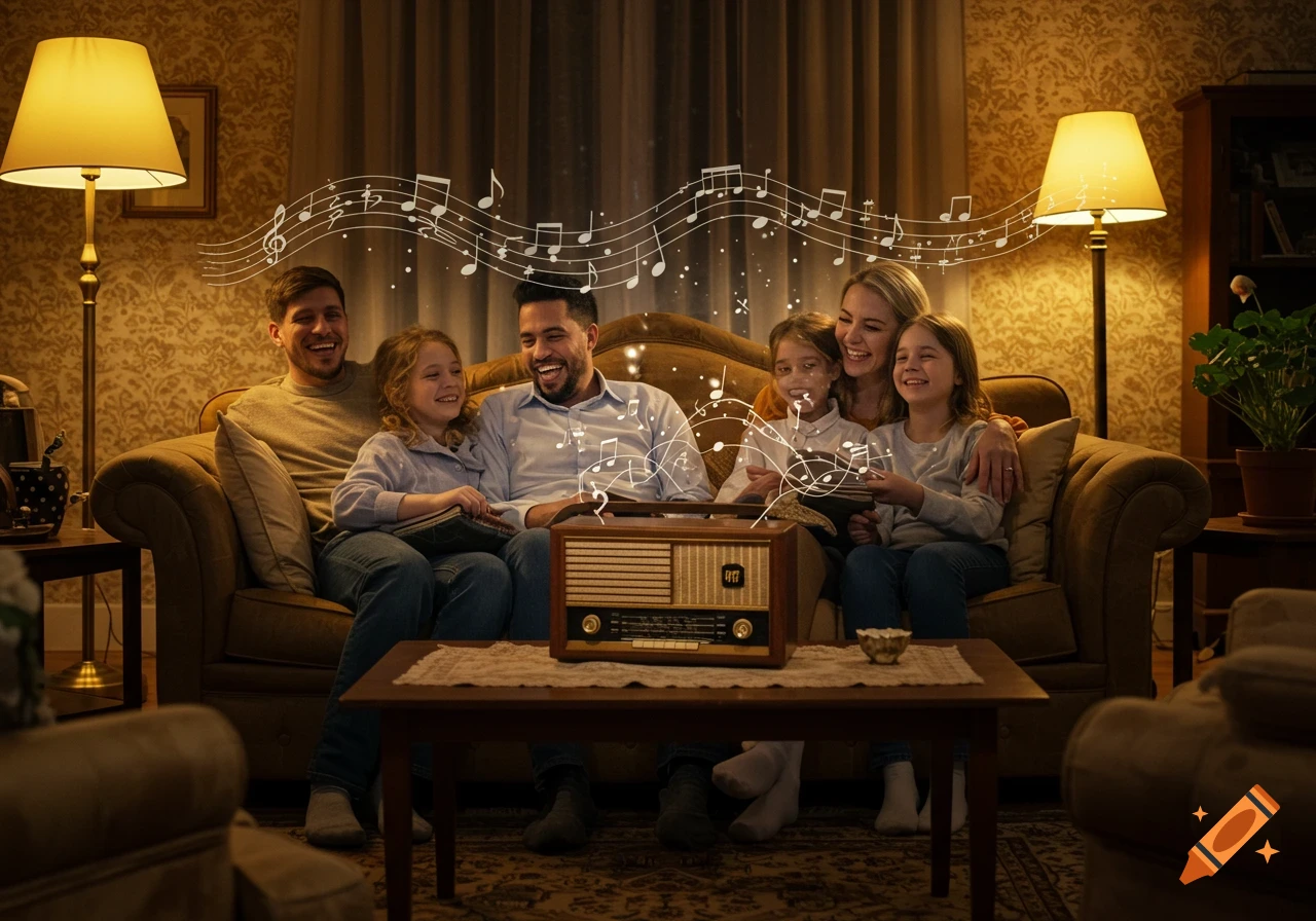 A happy family with two adults and four children smiles while listening to a vintage radio in a warm, dimly lit living room, with music notes floating.
