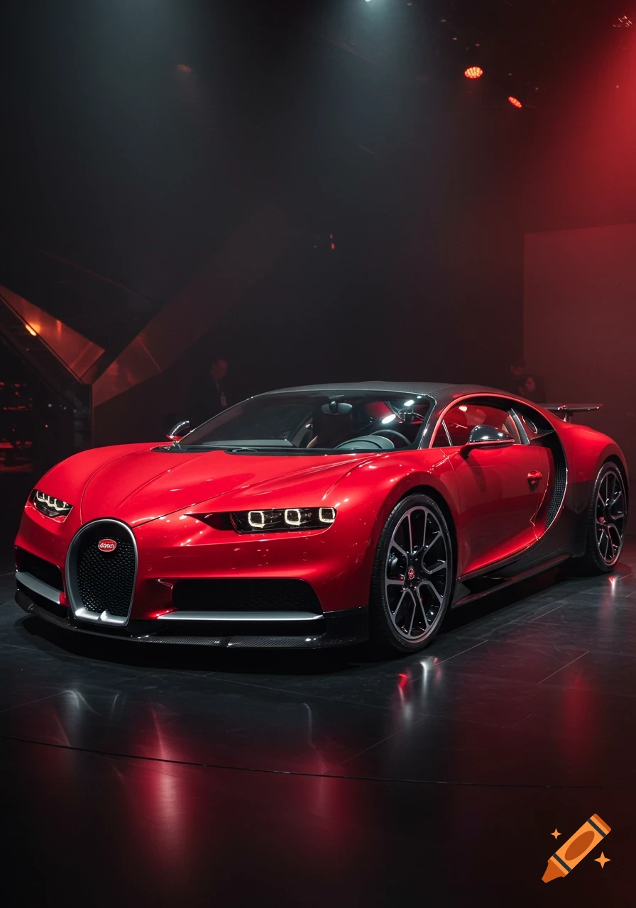 A sleek, photorealistic red Bugatti Chiron sports car under dramatic lighting, reflecting on a dark, polished floor.